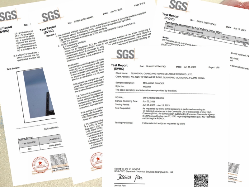 Certificat SGS en résine de mélamine Huafu