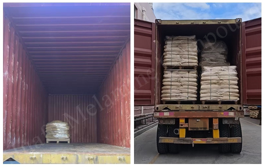 Expédition de poudre à mouler en mélamine de qualité alimentaire de marque Huafu à destination d'un fabricant de vaisselle d'outre-mer
